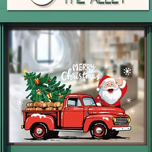 Christmas window stickers featuring Santa, a red truck, and snowflakes for glass decoration