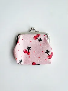 Pink glitter cherry print coin purse with vintage silver metal ball clasp closure