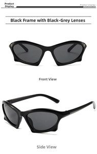 Front and side views of steampunk Y2K sunglasses with black frame and grey lenses