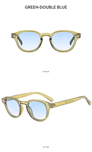 Detail view of oval green sunglasses showing front and 45-degree side angles