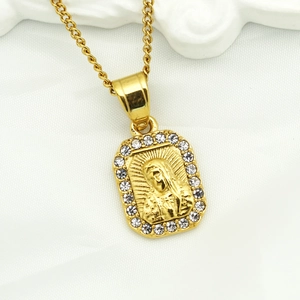 18K gold plated stainless steel Virgin Mary pendant necklace with sparkling crystal halo