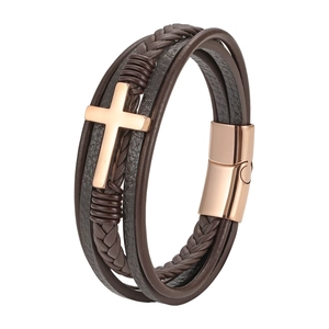 Brown multilayer leather cross bracelet for men with rose gold magnetic clasp and braided cords