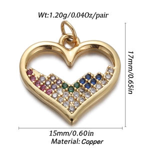 Macro view of gold copper heart pendant with colorful zircons and size specifications