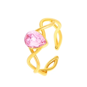 Adjustable gold ring featuring a pear-cut pink gemstone with a twisted metal band