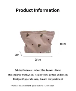 Pink corduroy makeup bag with cute bear embroidery and 25x18x5cm size specifications