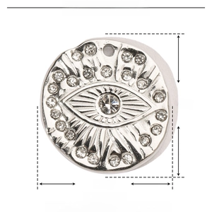 Detail view of Evil Eye pendant with 19mm by 18mm dimensions and rhinestone accents