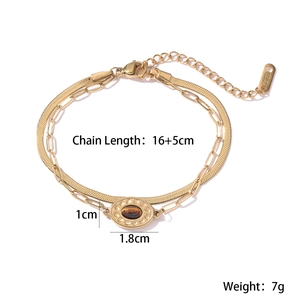 Detailed spec view of a gold double-layer stainless steel bracelet with tiger eye stone