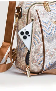 Detail of retro jacquard backpack showing side zipper pocket and cloud embroidery