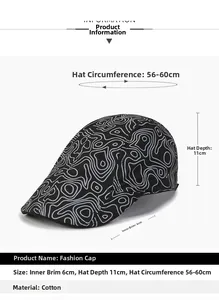 Size chart for wool blend flat cap showing 56-60cm circumference and cotton material