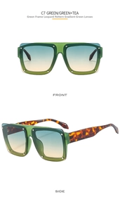 Detail of square sunglasses C7 with green frame, tortoise temples and gradient lenses