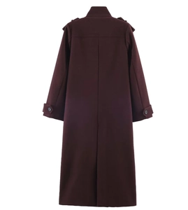 Back view of a long burgundy wool coat with center back slit and tailored shoulder detail