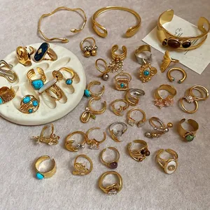 18k gold plated stainless steel teardrop open rings and vintage bangles with turquoise
