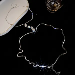 Sparkling silver body chain with heart diamonds and rhinestones for party jewelry