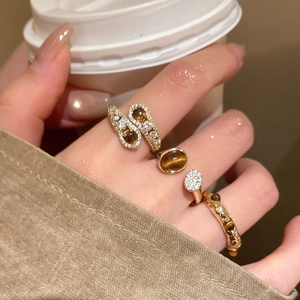 Vintage Tiger Eye Open Ring Gold Plated Zircon Inlaid Adjustable Aesthetic Jewelry For Women Maillard Style