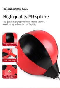 Detalle de la pelota de boxeo inflable de cuero PU rojo y negro con válvula de aire segura