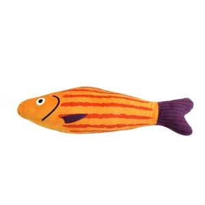 Realistic orange striped fish plush toy for cats with purple fins on white background