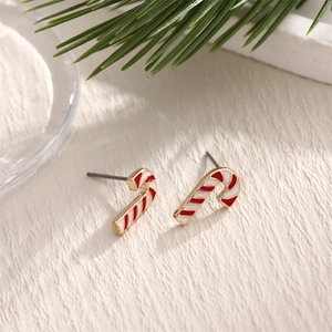 Christmas candy cane stud earrings with red and white spiral patterns and metal posts