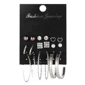 9-pair silver geometric stud earrings set with vintage pearls and heart designs