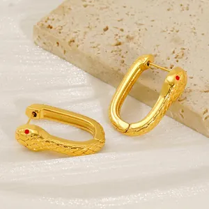 Women Stainless Steel Snake Hoop Earrings 18K Gold Plated Animal Scales Texture Rhinestone Eye U Shaped Jewelry Gift