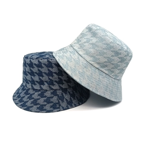 Navy and gray houndstooth denim bucket hats for women with textured vintage design