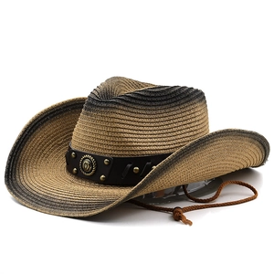 Vintage gradient straw cowboy hat with a studded leather band and adjustable chin strap