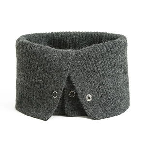 Detailed close-up of dark grey ribbed knit turtleneck neck warmer with three metal snap buttons