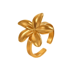 Detail of a gold floral open ring featuring a polished five-petal flower design