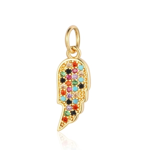 Golden angel wing pendant with colorful zircon stones and polished finish on white background