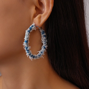 Chic geometric denim hoop earring for women in blue and white fabric finish