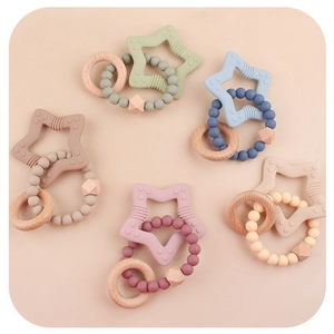 Baby Teether Rattle Bracelet Silicone Star Beech Wood Beads Soothing Sensory Toy For Infant Oral Care