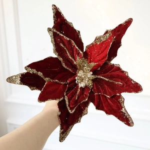 Velvet artificial Poinsettia flower with gold glitter edges for Christmas tree decor