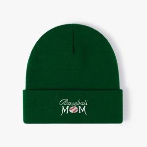 Berretto in maglia verde scuro con ricamo Baseball MOM e logo da baseball rosso