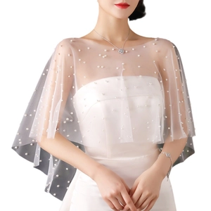 Elegant sheer bridal shawl with pearl embellishments on a white wedding gown dress