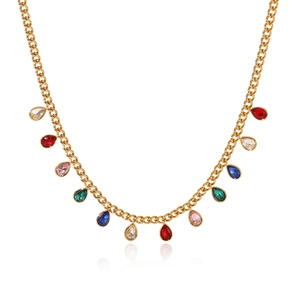 Detail of gold Cuban chain necklace featuring colorful pear-cut zircon stone pendants
