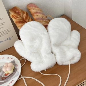 White Faux Rabbit Fur Mittens With Hanging Neck Rope Warm Thick Windproof Winter Plush Gloves For Unisex Adults