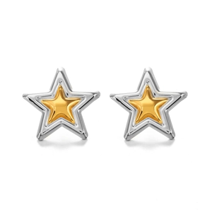 Fashionable star stud earrings with silver outer frame and golden inner star design