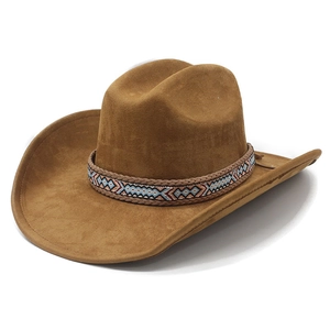 Brown suede western cowboy hat with ethnic braided band and wide curved brim