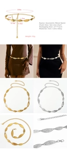 Detail of geometric rhombus metal waist chain showing leaf-shaped hammered texture