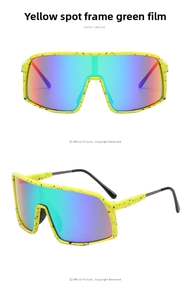 Detail view of yellow speckled cycling sunglasses with rainbow gradient lenses