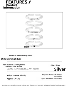 Macro detail of S925 sterling silver rings with engraved lucky smile and heart patterns