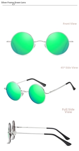 Three-view detail of silver metal frame retro round sunglasses with green mirrored lenses