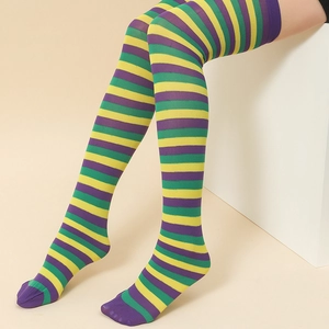 Chaussettes hautes rayées violettes, jaunes et vertes pour costumes de fête et Halloween