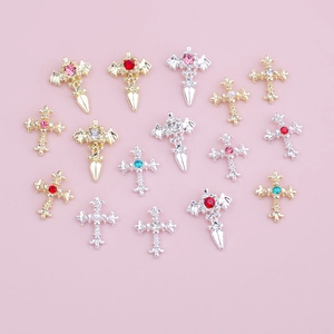Gothic cross nail charms with colored rhinestones in gold and silver alloy finish