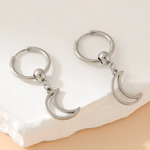 Minimalist silver stainless steel hoop earrings with crescent moon charms for women