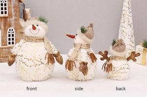 Front, side and back views of a white plush Christmas snowman with gold leaf embroidery