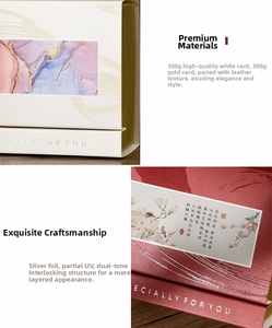 Detailed view of luxury wedding candy box with leather-textured paper and gold foil stamping