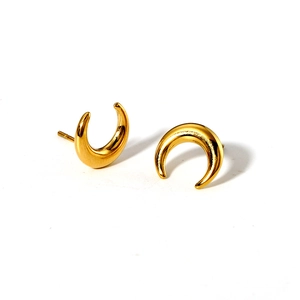 Polished 14K gold plated stainless steel crescent stud earrings with glossy finish
