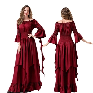 Burgundy medieval Renaissance gown for women with corset waist and ruffled sleeves