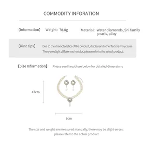 Detailed spec chart of pearl necklace and earrings with teardrop crystal pendants