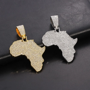 Hip hop Africa map pendant necklaces in gold and silver finish with iced out crystal stones